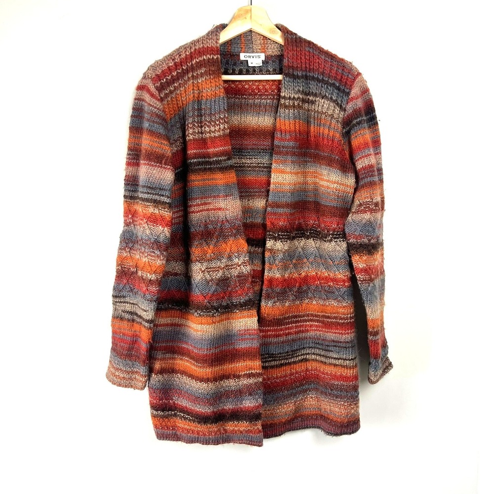 Orvis 100% Wool Open Front Cardigan Sweater Women M Longline Earthy Cabin Rustic